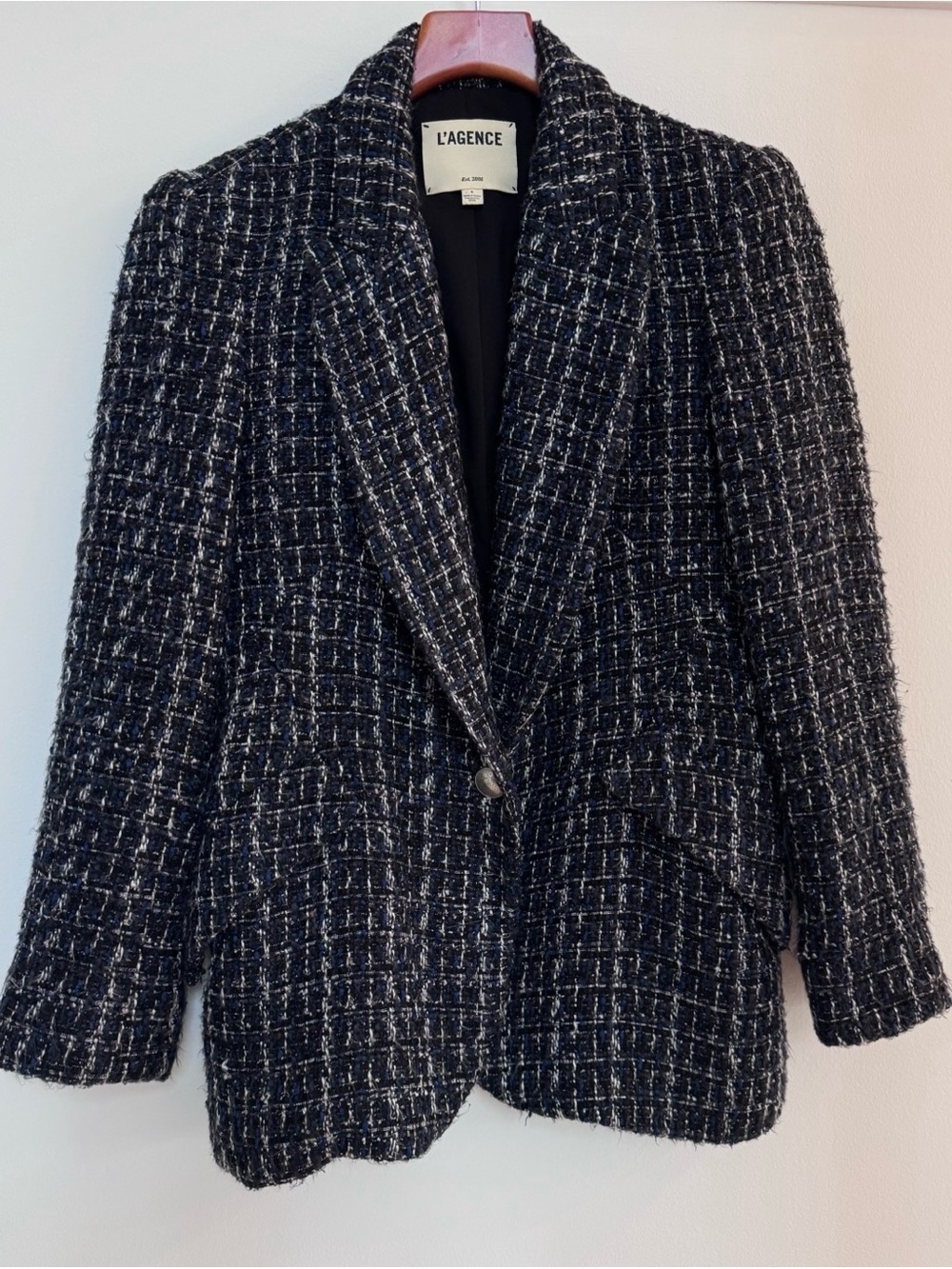 L'AGENCE Women's Black Blue Tweed Chamberlain Single-Button Blazer Size 6
